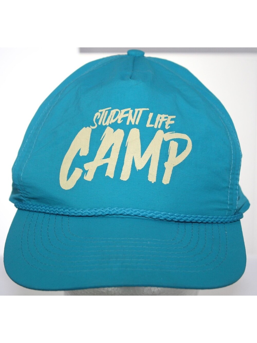 Vintage Student Life Camp Rope Brim Bill Baseball Hat Snapback Cap Teal